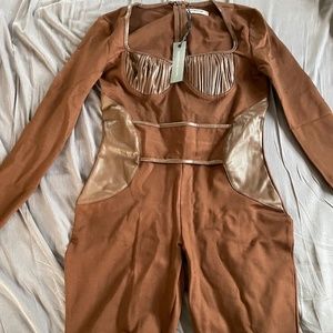 Pleated Vegan Leather & Bandage Playsuit - Brown